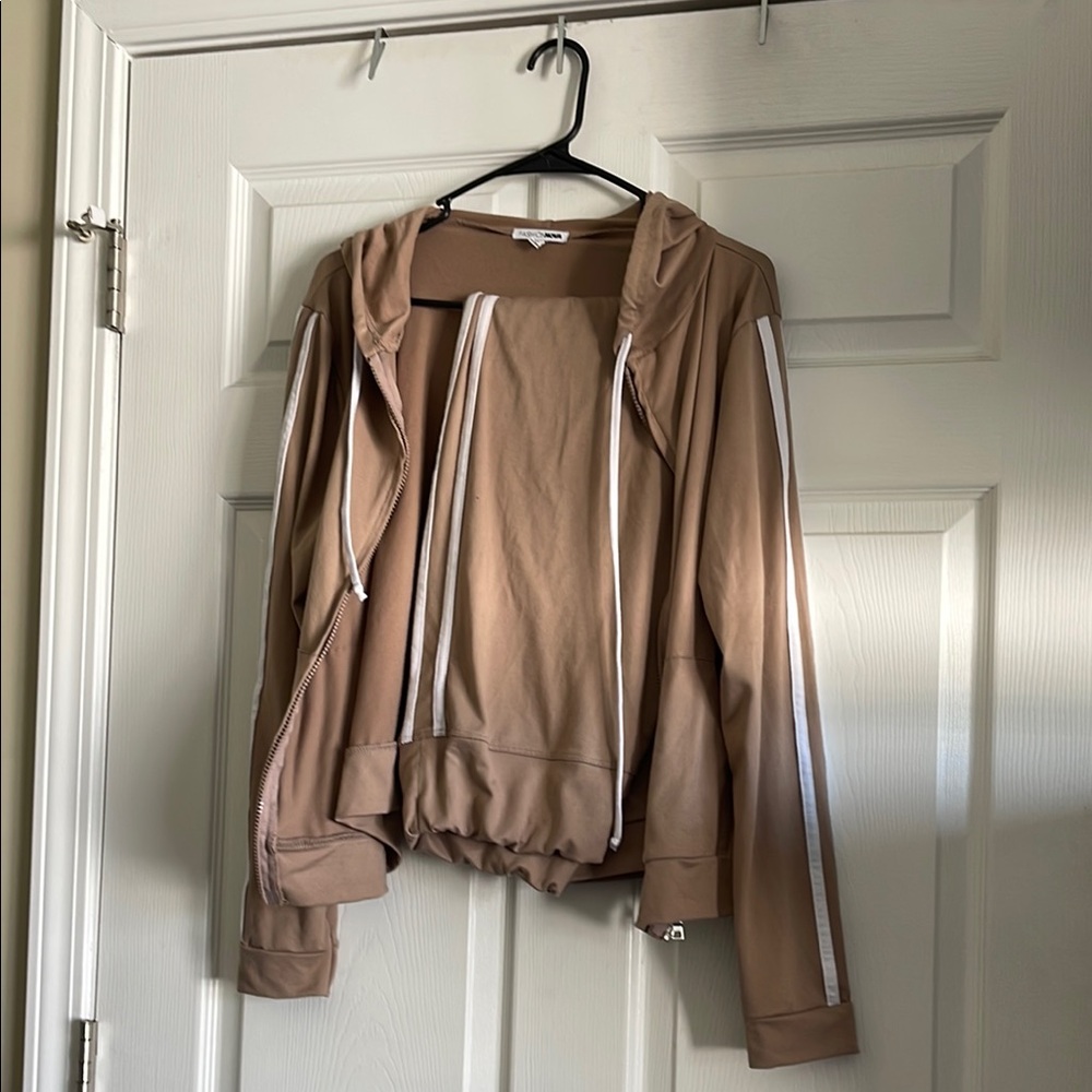 Tan Hooded Jacket Set with White Stripes